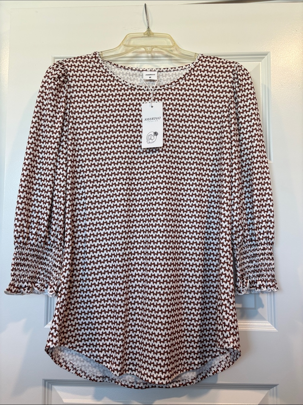 Xieerduo Brown, Black & White Zigzag Long Sleeve Blouse